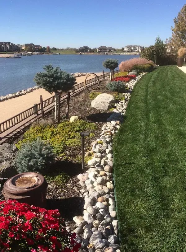 Lakeside landscaping stones with walkway